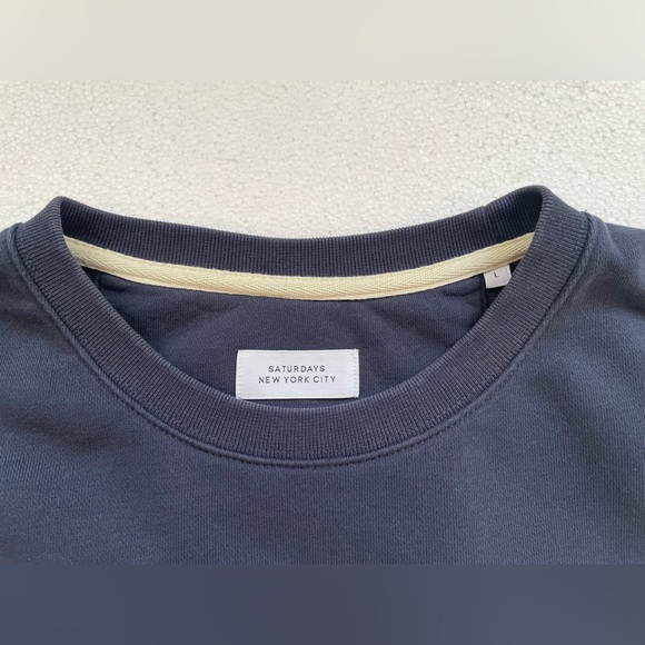 SATURDAYS NYC FRENCH TERRY BOWERY SUN GRAPHIC SWEATSHIRT NAVY BLUE BOYFRIEND - Picture 5 of 9